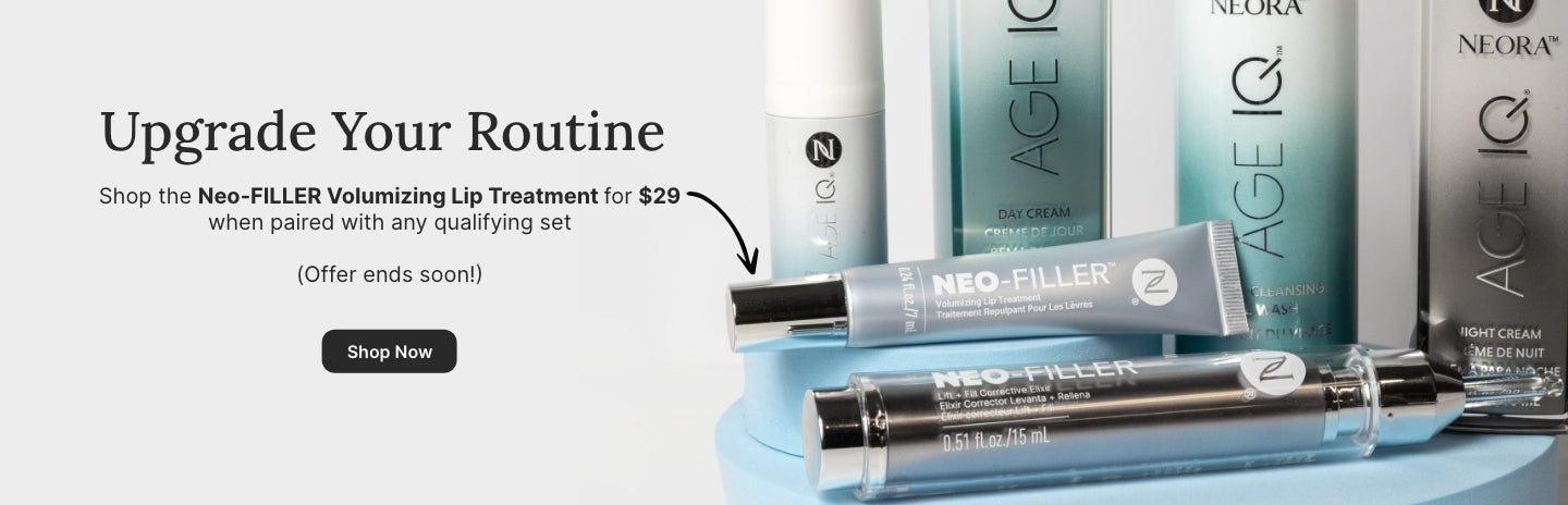 50% OFF Neo-FILLER Volumizing Lip Treatment with any Neo-FILLER or Neo-FILLER Set purchase. Featured is a woman kissing a tube of Neo-FILLER Volumizing Lip Treatment.